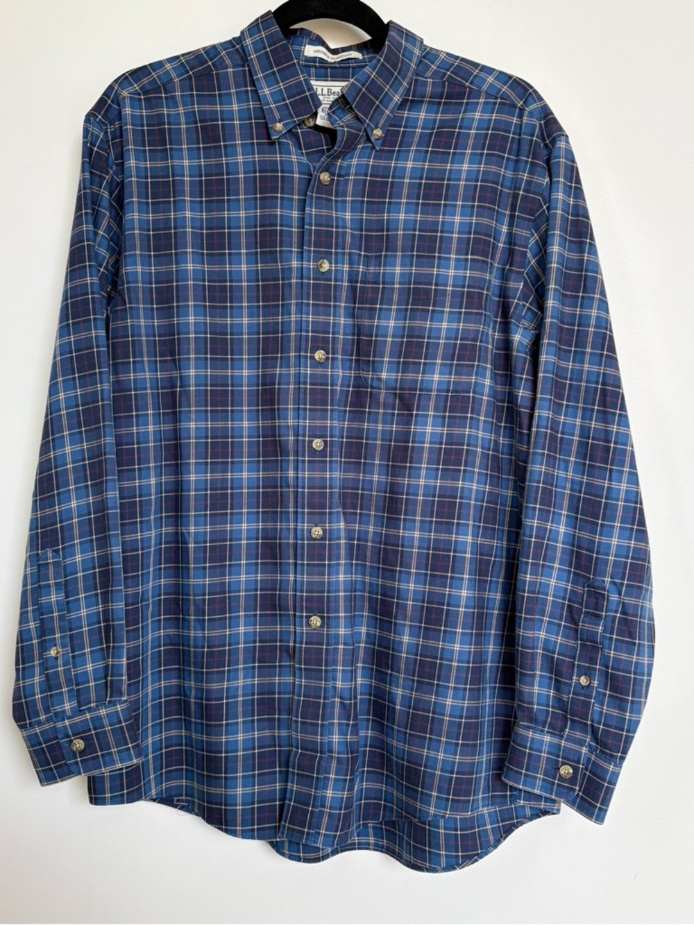 LL Bean Plaid Shirt Mens M, Cotton Cashmere Blend, Blue Button Down Soft